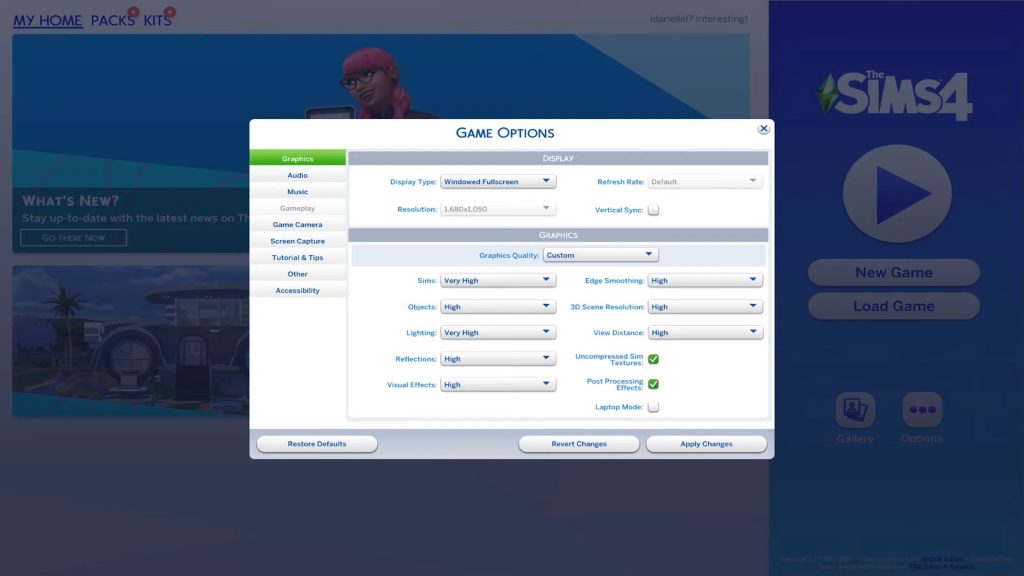 game options sims 4